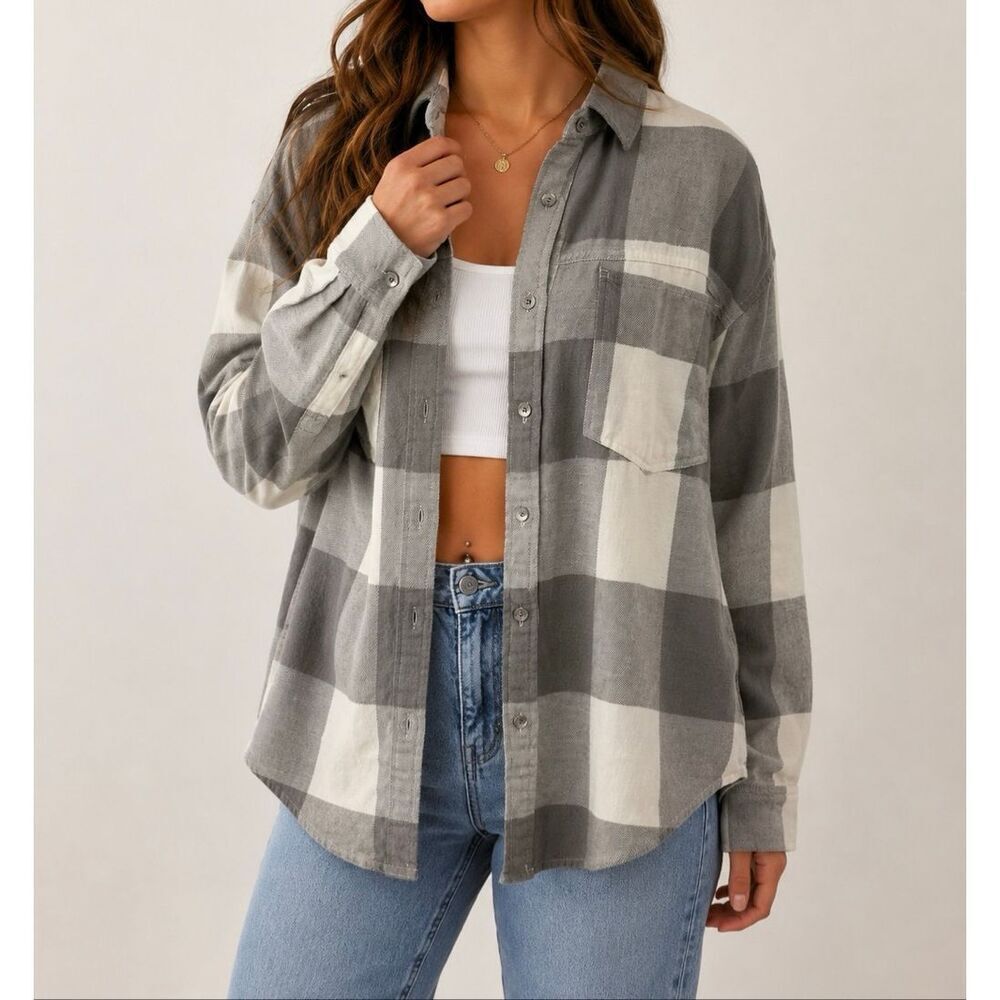 Aerie Gray Plaid Flannel Button Up Shirt Jacket Shacket XXS NWT